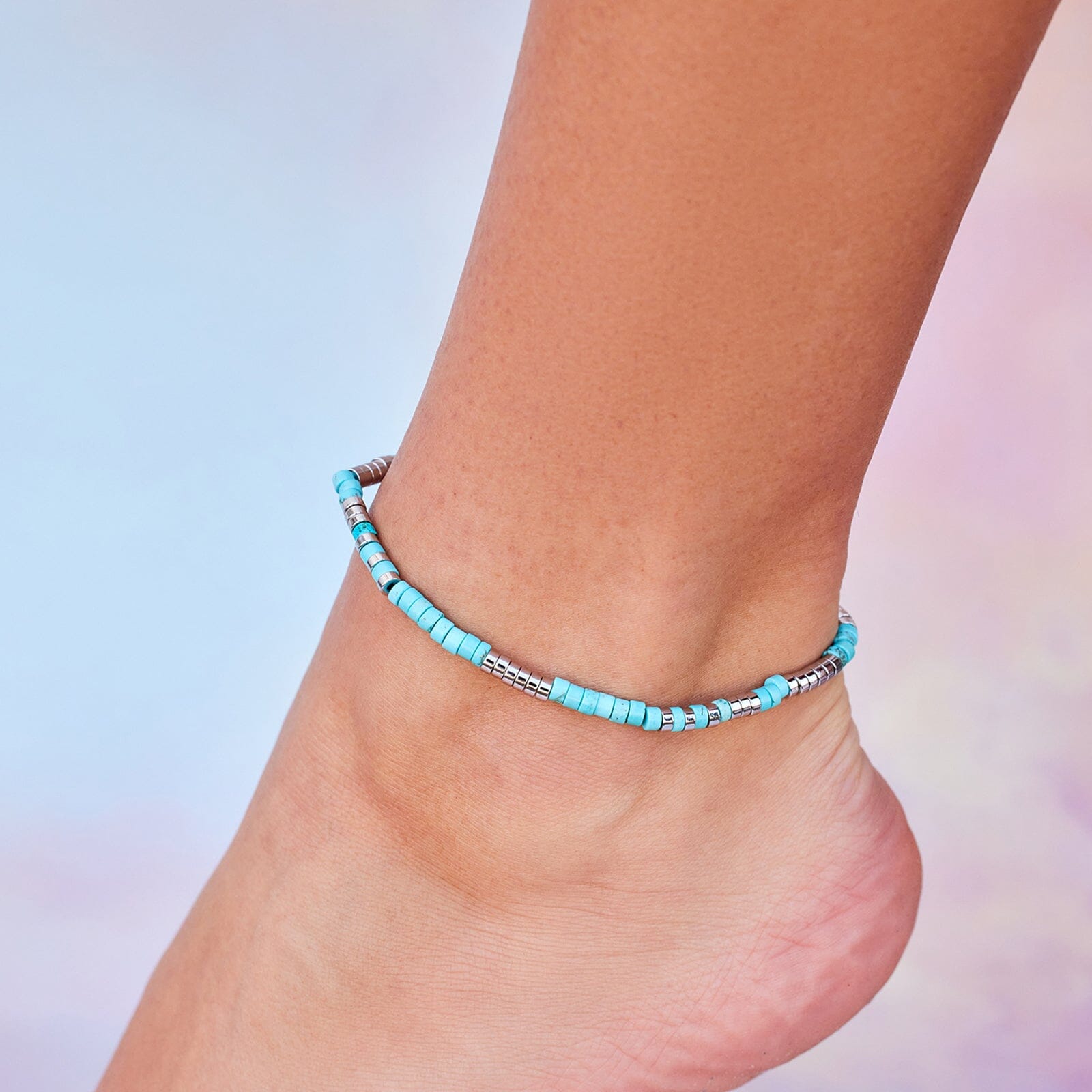 Turquoise Bead Stretch Anklet - Image 2