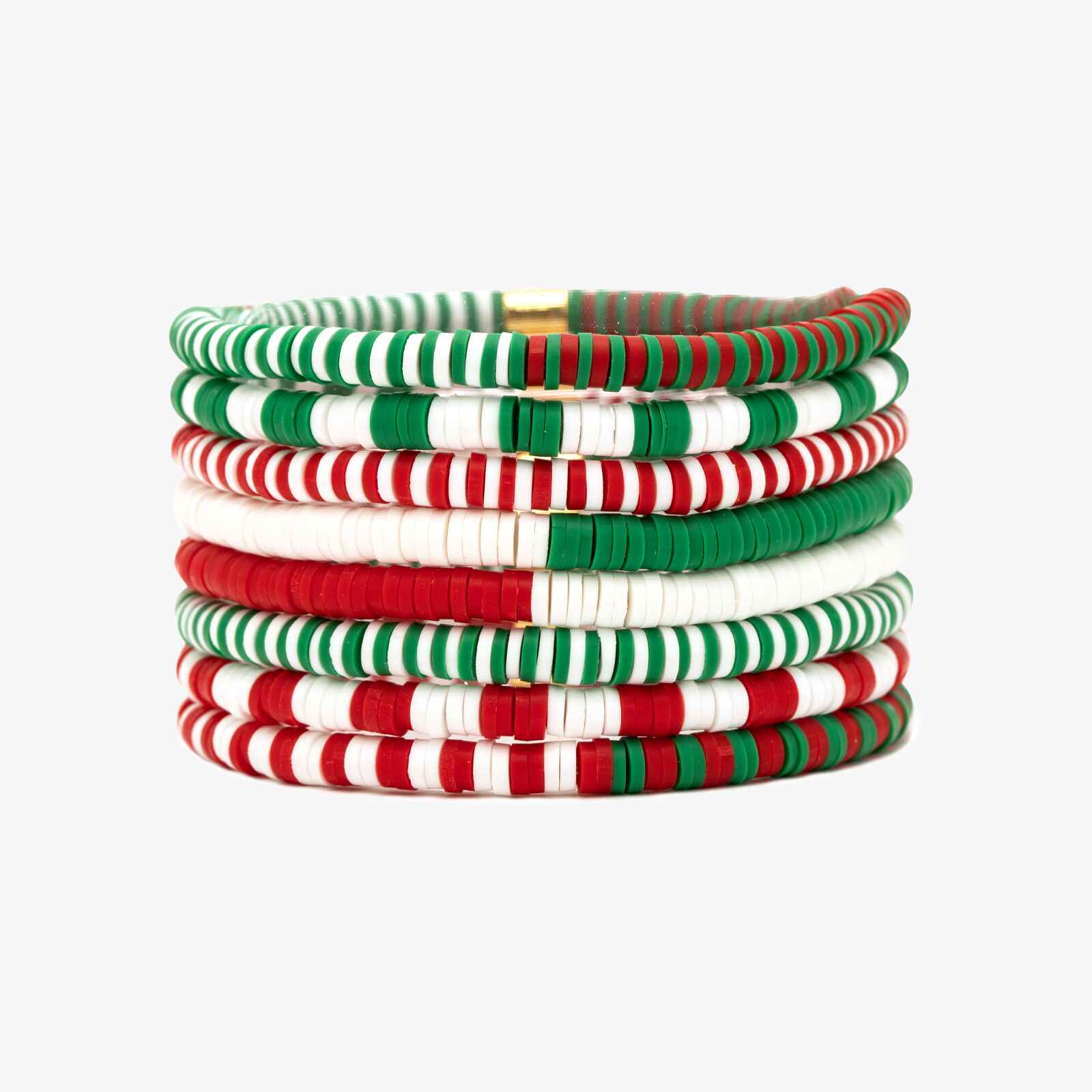 Red. Green & White Stretch Bracelet Set of 8