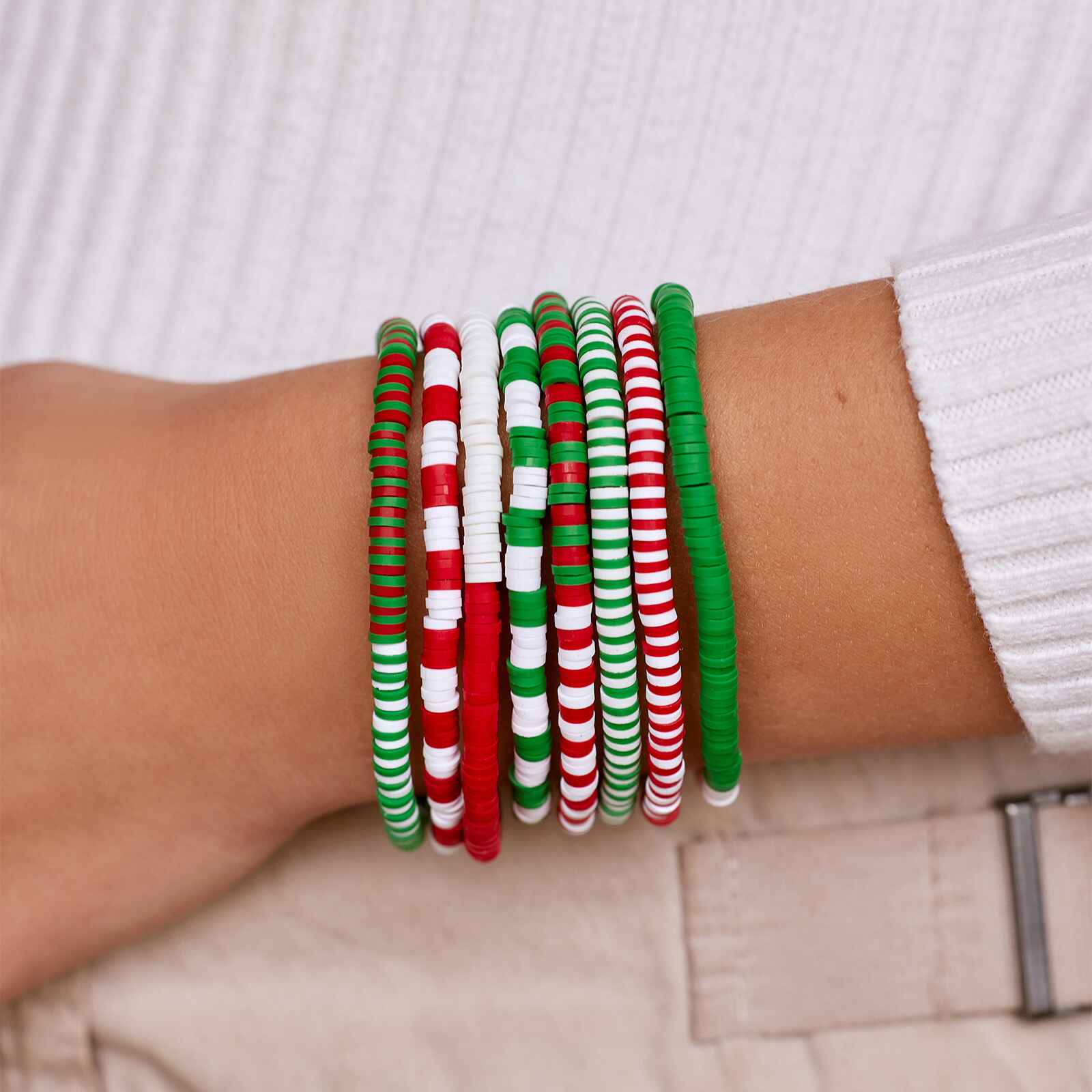 Red. Green & White Stretch Bracelet Set of 8 - Image 2