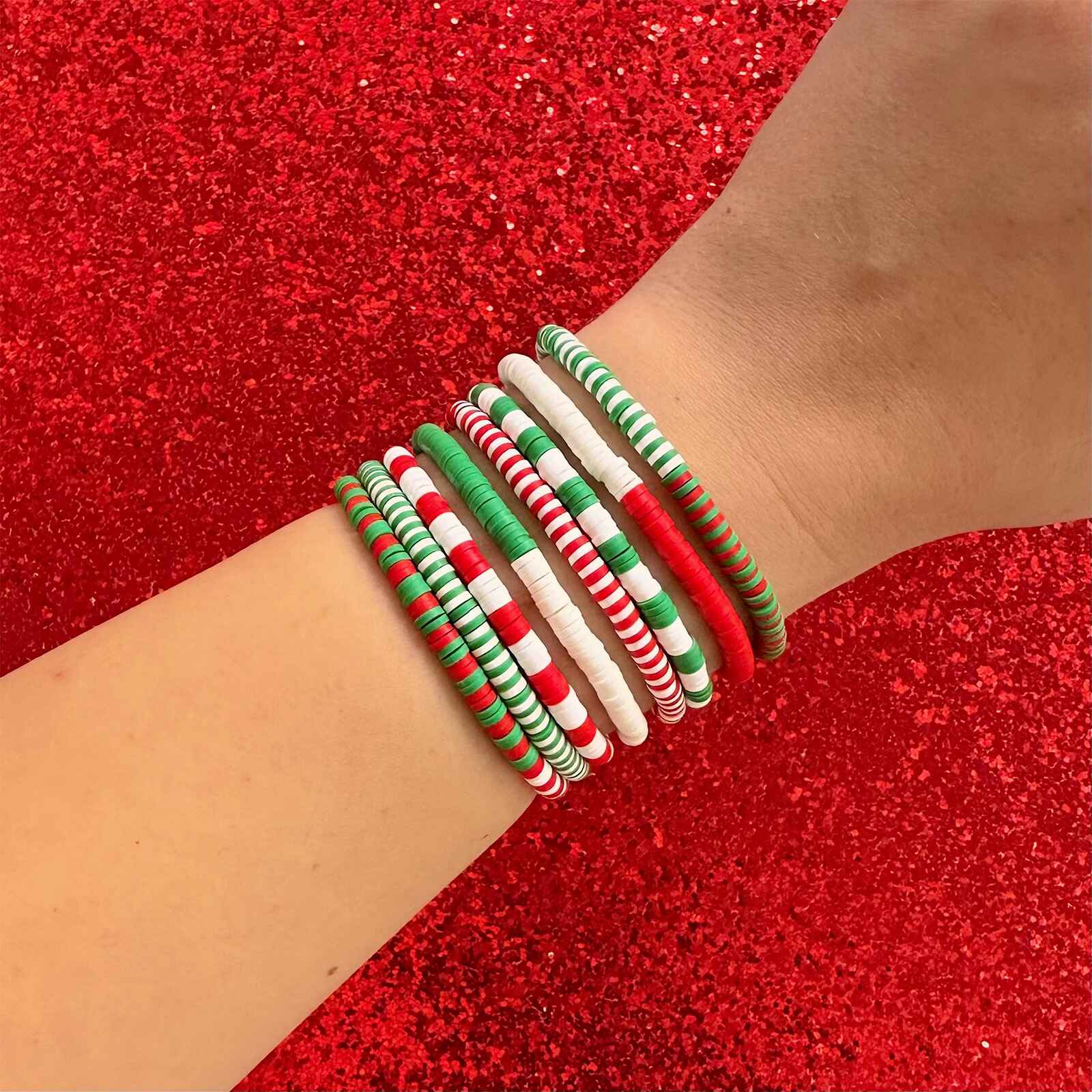 Red. Green & White Stretch Bracelet Set of 8 - Image 4