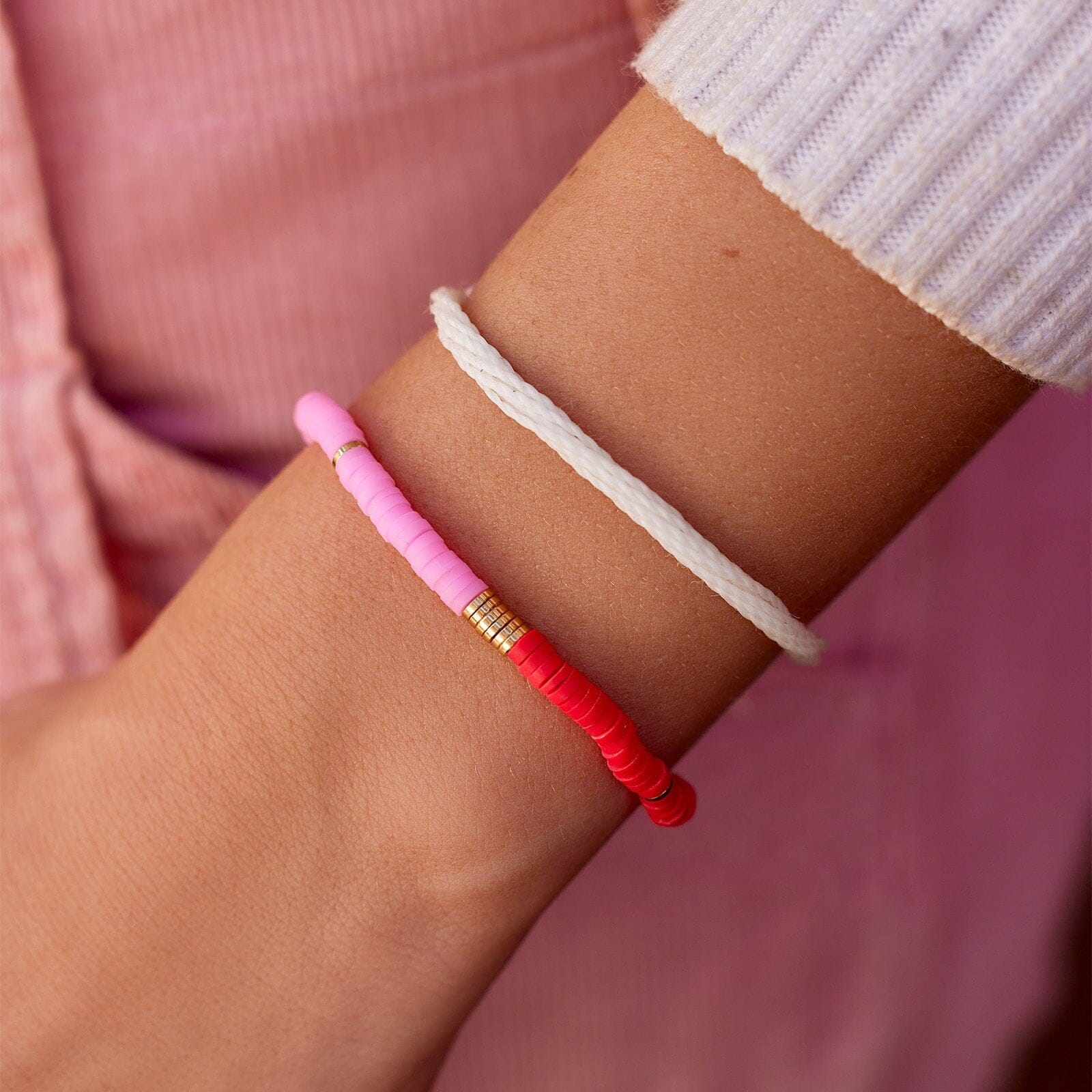 Pink and Red Vinyl Disc Bead Stretch Bracelet Set - Image 7