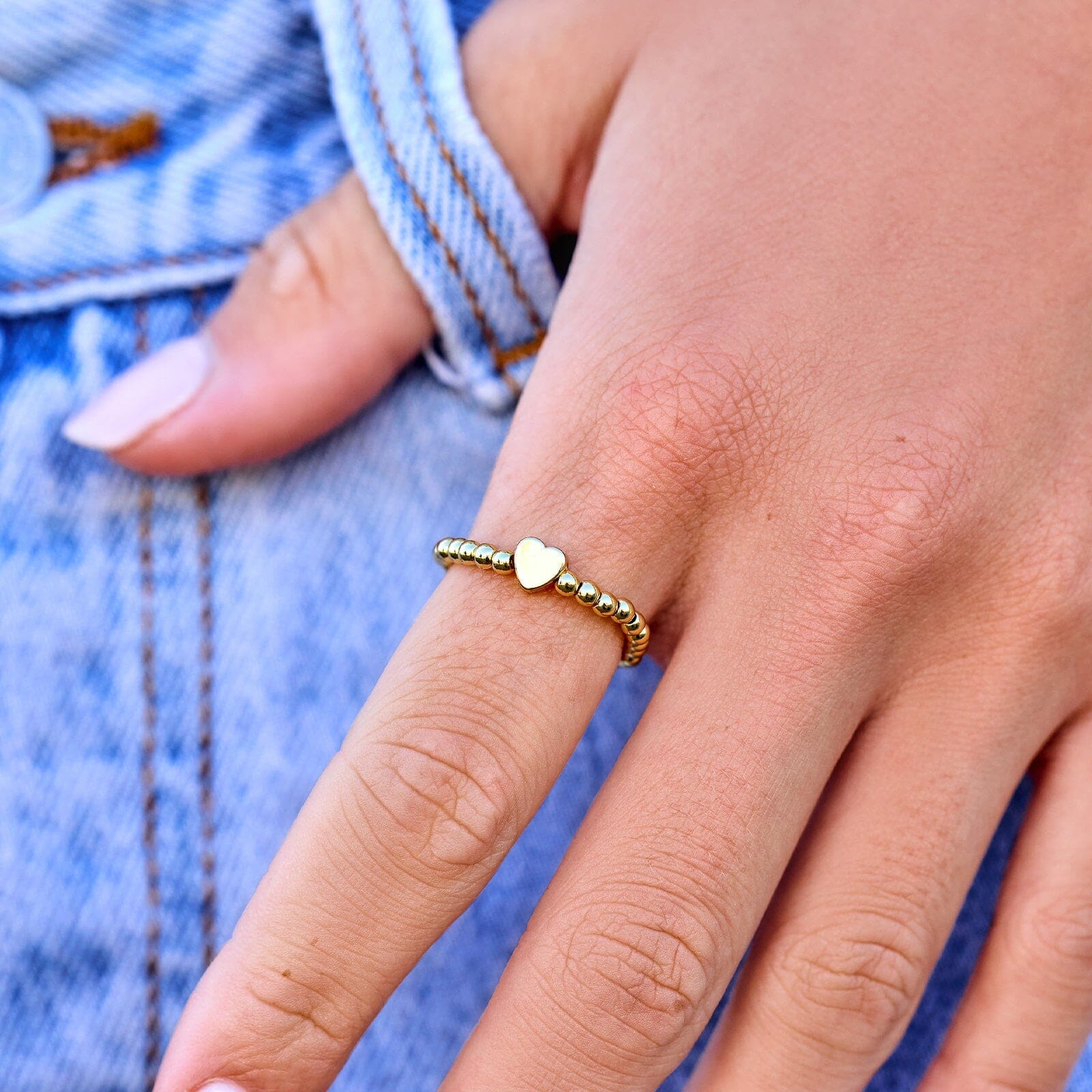 Gold Heart Bead Stretch Ring - Image 2