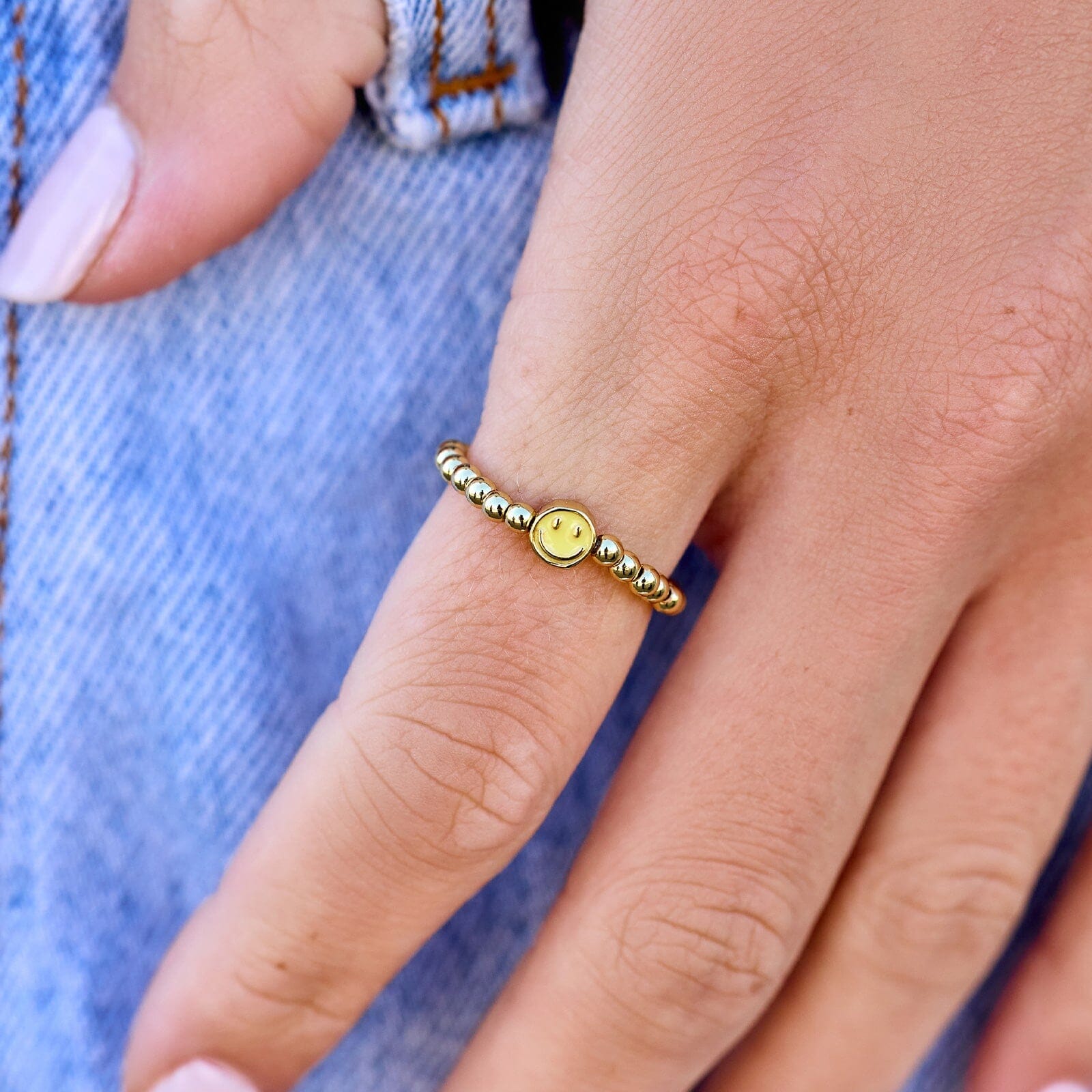 Happy Face Gold Bead Stretch Ring - Image 2